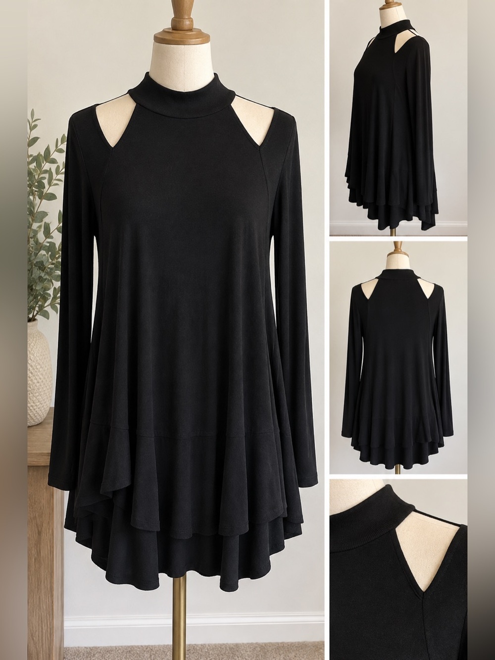 Free People Black Cold Shoulder Mock Neck Long Sleeve Tunic Top M